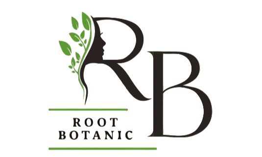 Root Botanic logo with a stylized profile and leaves on a beige background